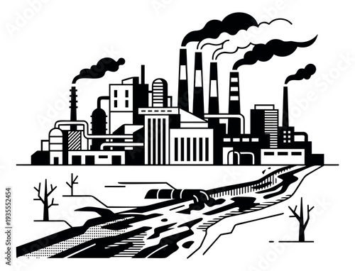 Graphic line art illustration of an industrial factory depicting air and water pollution for environmental awareness