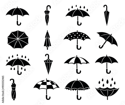 Flat silhouette umbrella icon set featuring diverse open and closed designs with raindrops for weather applications