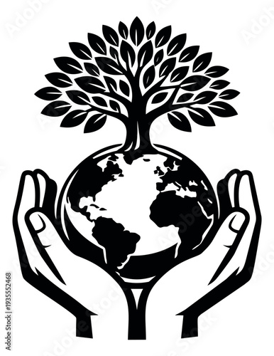 Graphic illustration of hands holding the earth with a growing tree depicting global environment care for nature conservation themes
