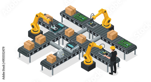Illustration of industrial robots working on a production line with conveyor belts and a worker in a factory setting.