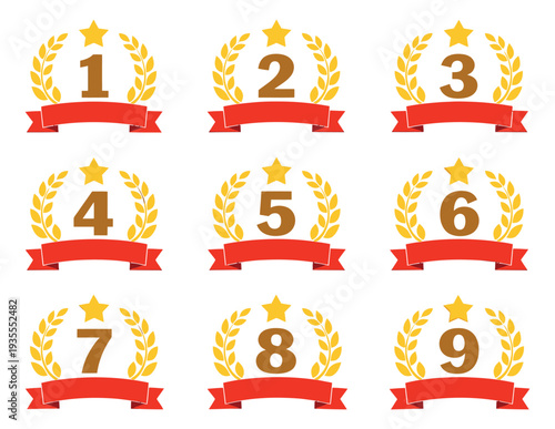 Graphic ranking badge set featuring numbers one to nine, stars, laurel wreaths and ribbons for achievements