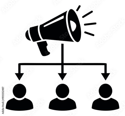 Pictogram illustration of communication flow depicting a megaphone broadcasting to multiple user icons for business and social media marketing