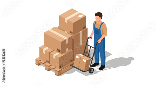 Illustration of a warehouse worker pushing a hand truck with stacked cardboard boxes in a minimalist setting.