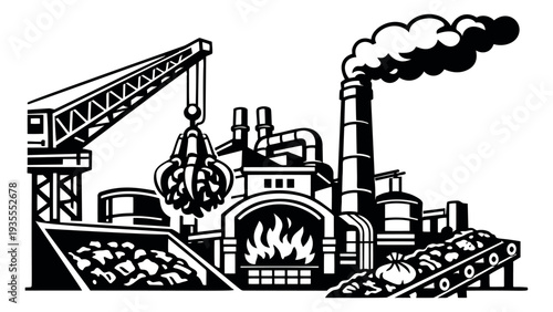 Graphic illustration of an industrial incineration plant depicting material processing and energy generation