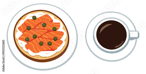 Modern vector breakfast set featuring a smoked salmon bagel and a coffee cup for a morning meal