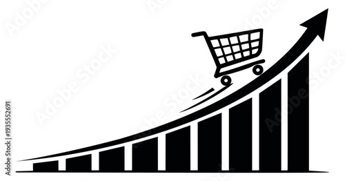 Line art illustration of a shopping cart riding an ascending bar chart depicting business growth for financial concepts