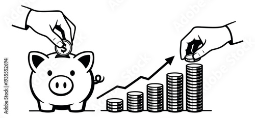 Line art illustration of hands saving money into a piggy bank depicting financial growth for banking and investment