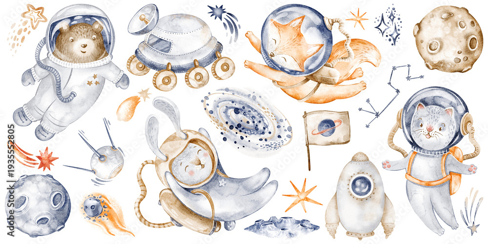 Fototapeta premium Cosmic animals set with astronaut cat, bear, fox and hare. Watercolor illustration, hand painted cartoon with planet, rocket, spaceship. Kids space theme for nursery art, baby shower card, stickers.