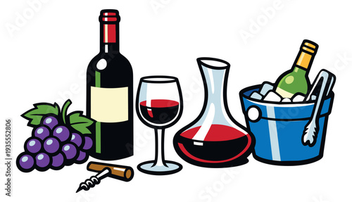 Cartoon style wine set featuring a bottle, glass, decanter, grapes, corkscrew, and ice bucket for beverage concepts