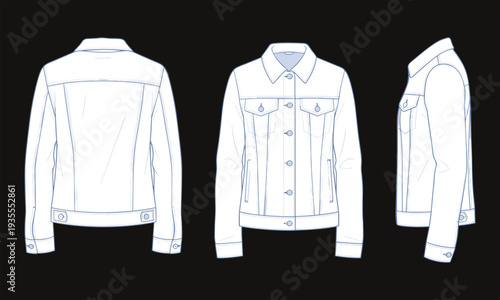 Denim, jacket, technical, fashion, flat, sketch, front, back, side, view, classic, button, pocket, apparel, clothing, template, vector, illustration, isolated, design