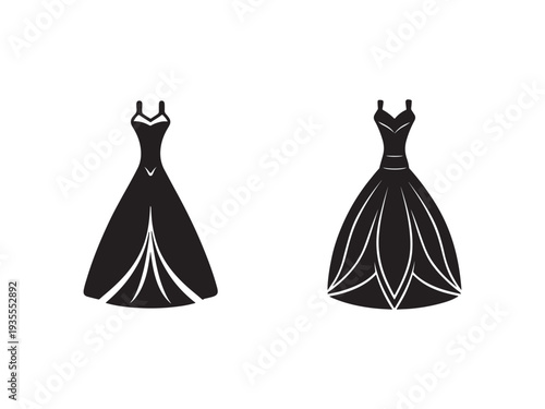 Two black wedding dresses with white lines on white background  formal evening gowns
