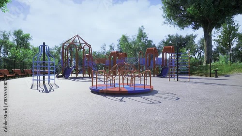 Wallpaper Mural Nostalgic playground with central roundabout and midday sunlight, empty equipment evokes memory and childhood reminiscence, calm parkland framed by trees Torontodigital.ca