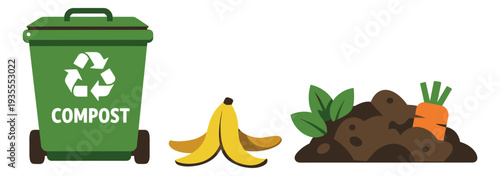 Graphic composting elements set featuring a compost bin, organic waste, and soil for environmental sustainability