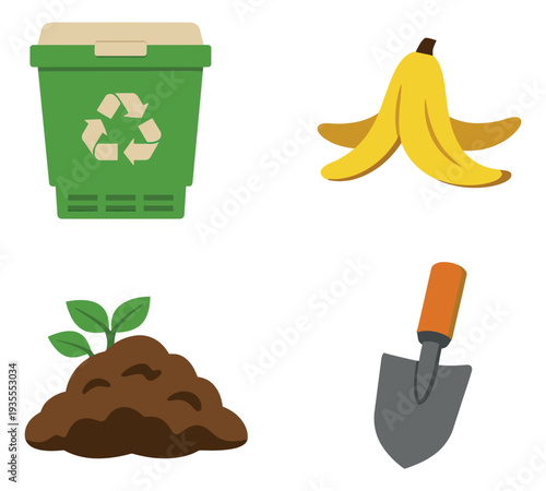 Flat design composting and gardening elements set featuring a compost bin, banana peel, soil with a sprout, and a hand shovel for ecological concepts