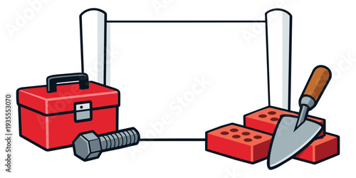 Hand drawn cartoon construction tools set featuring a red toolbox, a bolt, bricks, and a trowel for building and repair work