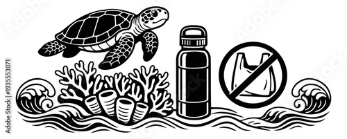 Hand drawn graphic marine life and conservation elements set featuring a sea turtle, coral, a reusable water bottle, and a no plastic bag sign for environmental awareness