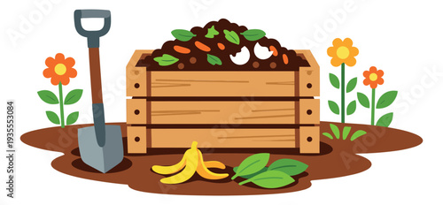 Flat design illustration of a compost bin depicting organic waste and gardening tools for eco-friendly living