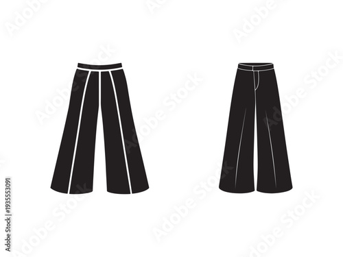 Two black wideleg pants with white stripes on white background  fashion illustration