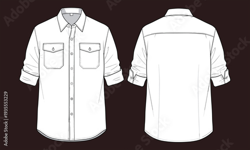 Men, casual, shirt, technical, fashion, flat, sketch, front, back, view, rolled, sleeves, pocket, apparel, clothing, template, vector, illustration, isolated, design