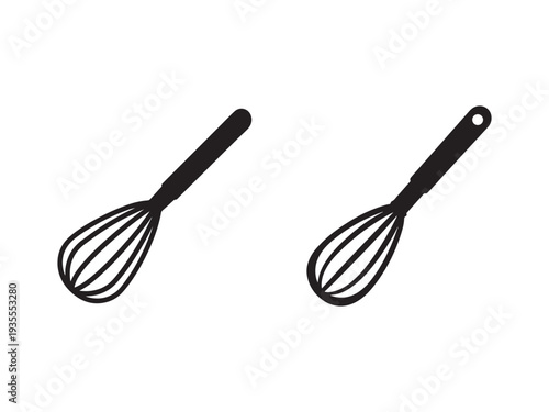 Two black wire whisks with handles for mixing and blending ingredients in cooking and baking recipes  kitchen utensils