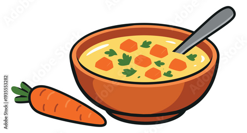 Hand drawn line art illustration of carrot soup and a carrot depicting a healthy meal for meal prep content