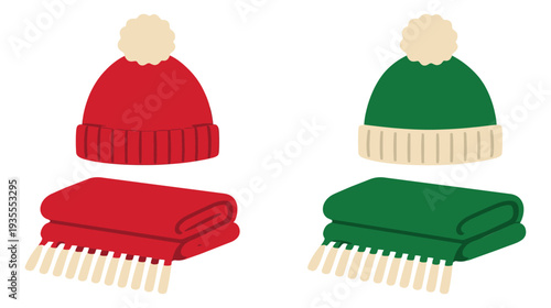 Flat design winter accessories set featuring colorful hats and scarves for cold weather