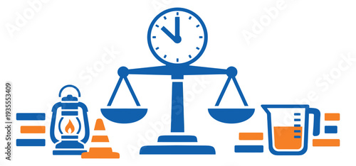 Graphic concept icon set featuring a balance scale with a clock, a lantern, a traffic cone, and a measuring cup for resource and time management