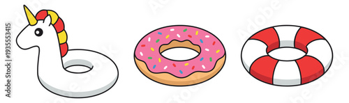 Cute pool floats set featuring a unicorn, a donut, and a lifebuoy for summer vacation