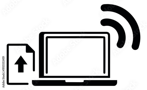 Line art illustration of a laptop, document, and wireless signals depicting file upload for internet communication