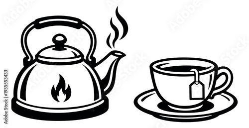Line art tea accessories set featuring a boiling kettle with steam and a teacup with a tea bag for hot beverage preparation