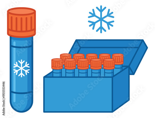 Clip art laboratory equipment set featuring cryogenic vials in a storage box and a snowflake symbol for medical research