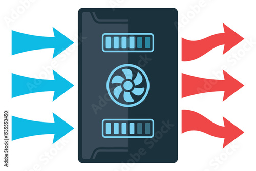 Flat design illustration of server hardware depicting airflow and thermal regulation for technology infrastructure