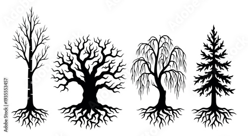 Stylized tree set featuring various arboreal forms with exposed roots for natural design projects