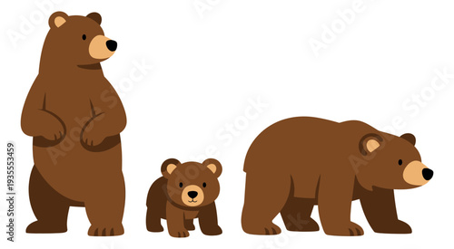 Flat design bear set featuring adult and baby bears in different poses for children's projects and animal themes