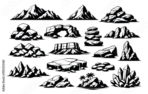 Stylized graphic geological elements set featuring mountains, rock piles, cliffs, islands, and crystal clusters for landscape design and game development