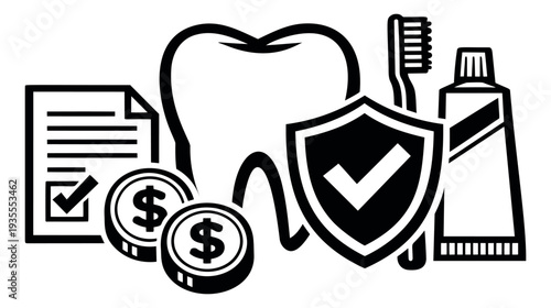 Line art dental care set featuring a tooth, insurance policy, money, and hygiene tools for health and financial protection
