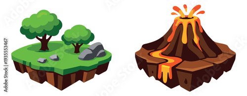 Isometric game elements set featuring a green island and an erupting volcano island for game design