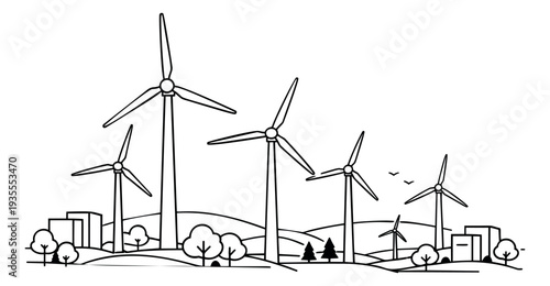 Line art illustration of a wind farm depicting clean energy generation for environmental concepts