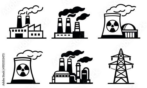 Simple glyph industry and energy set featuring factories, power plants, and an electricity pylon for industrial processes and energy production