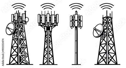 Hand drawn line art telecommunication tower set featuring cellular antennas and radio waves for network communication