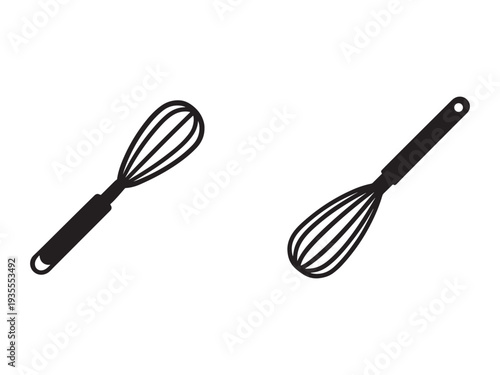 Two black wire whisks with handles for mixing and blending ingredients in cooking and baking