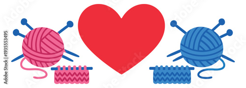 Flat design illustration of knitting hobby depicting balls of yarn, knitting needles, and a heart for creative handmade projects