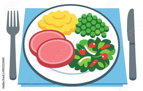 Flat design illustration of a dinner plate depicting ham, mashed potatoes, peas, and salad for food, dining, and nutrition concepts