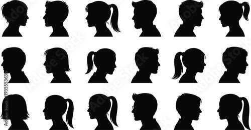 Human head silhouette collection, diverse profiles, hairstyle variations, flat vector illustration, CAD drawing style, character design elements, demographic art icons