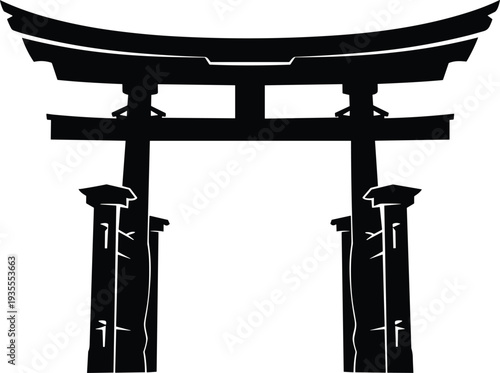 Japanese torii gate silhouette, cultural landmark, Shinto shrine entrance, flat vector illustration, CAD drawing style, traditional architecture, sacred symbol art