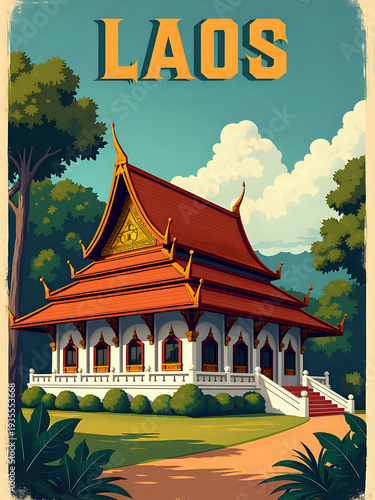 A traditional building stands surrounded by trees in Laos. The structure features intricate design and a colorful roof.