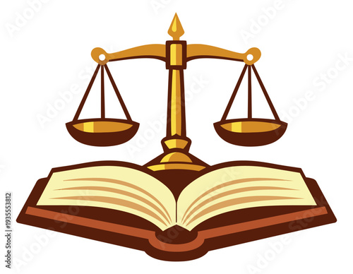 Graphic illustration of scales of justice over an open book depicting law and education for legal principles and knowledge