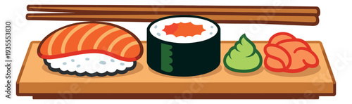 Cartoon line art sushi meal set featuring nigiri, maki roll, wasabi, and ginger on a serving board with chopsticks for Japanese cuisine