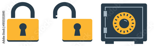 Flat design security icon set featuring a closed padlock, an open padlock, and a safe for data protection and safety concepts