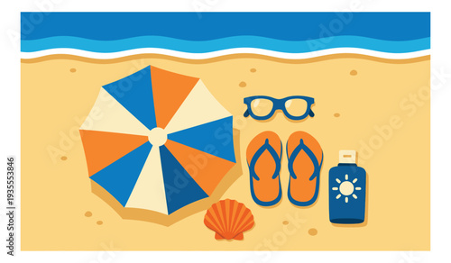 Flat design summer beach items set featuring a beach umbrella, sunglasses, flip flops, a seashell, and sunscreen for summer vacation